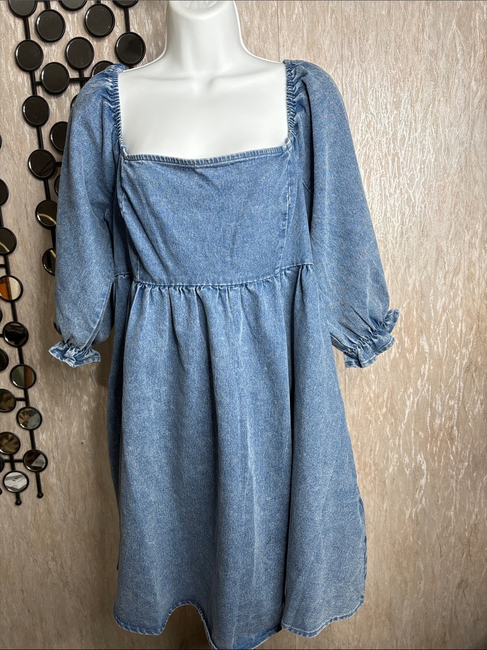 Light Blue Denim Mini Dress with Square Neck and Puff Sleeves